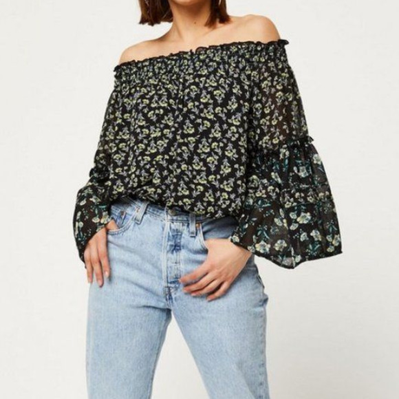 Free People Black Rose Valley Floral Off The Shoulder Cottagecore Peasant Blouse - Picture 14 of 14